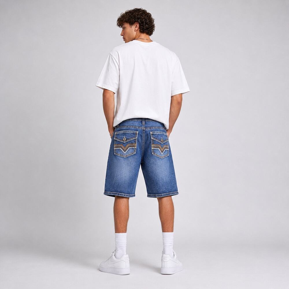 Axe & Crown Embroidered Jeans Mens Shorts Sz 33 Y2K Moto Street Denim Tailored